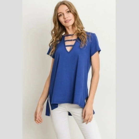 Gilli Blue V Neck Strappy Cutout Tee Top NWT - Picture 1 of 2